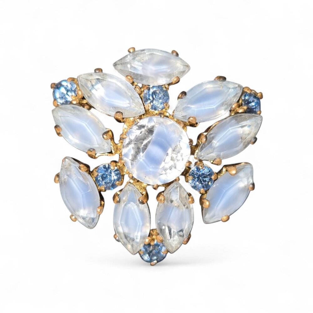Vtg Signed West Germany Floral Cluster Marquise-Cut Round Stone Icy Blue Brooch